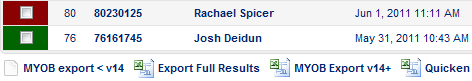 MYOB and Quicken export buttons at the bottom of the order list.